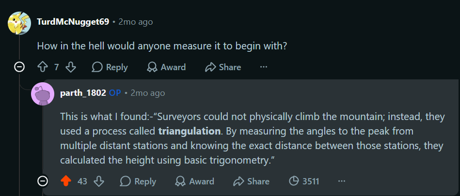 A Reddit reply explaining how surveyors used triangulation, with 43 upvotes