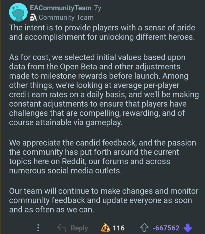 A corporate community team account replying to criticism in an extremely corporate voice, downvoted to -667562